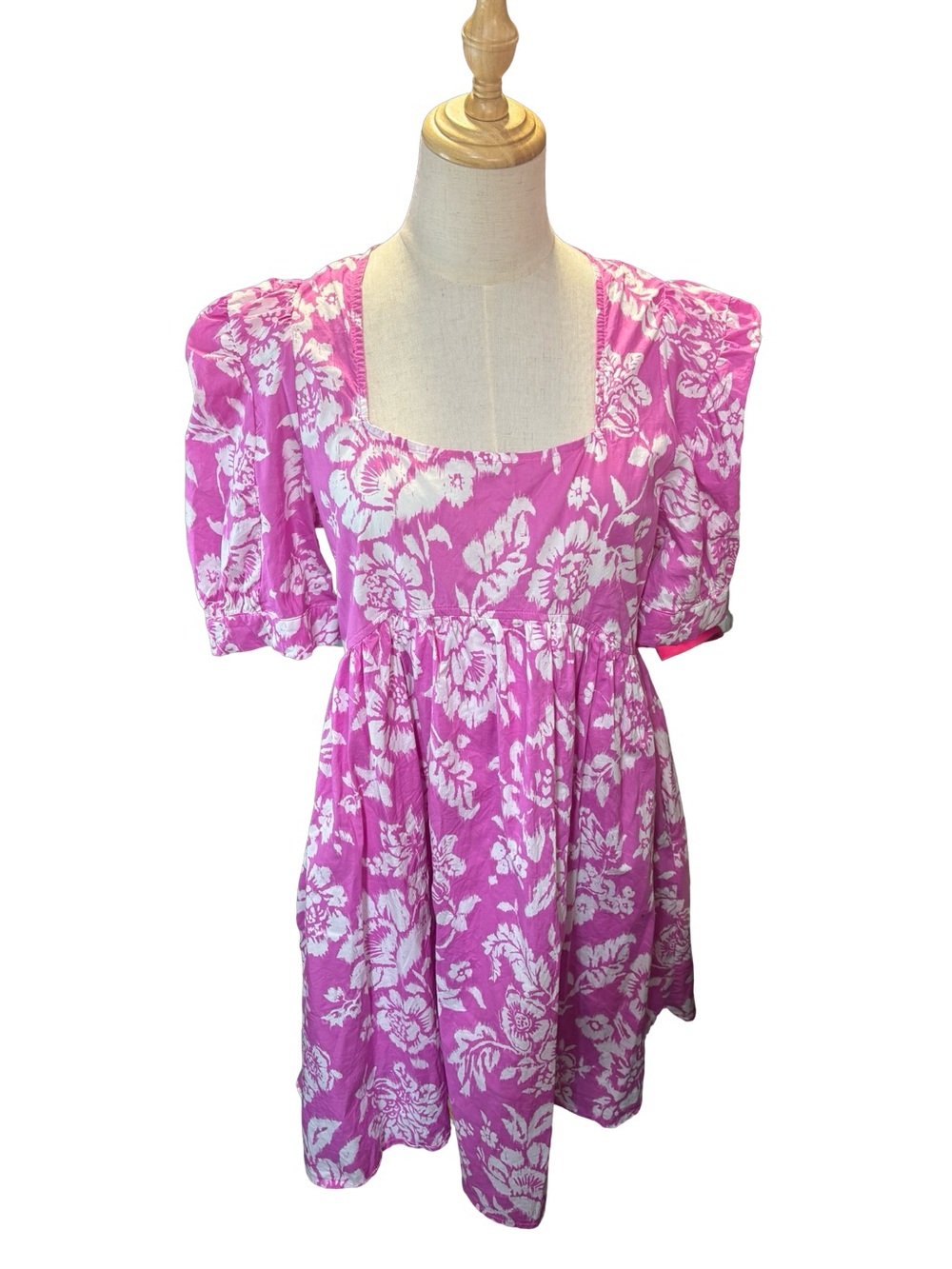Entro Pink & White Floral Square-Neck Midi Dress lined puff sleeve empire waist